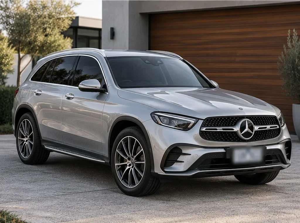 Silver Mercedes SUV with tinted windows, parked in a driveway