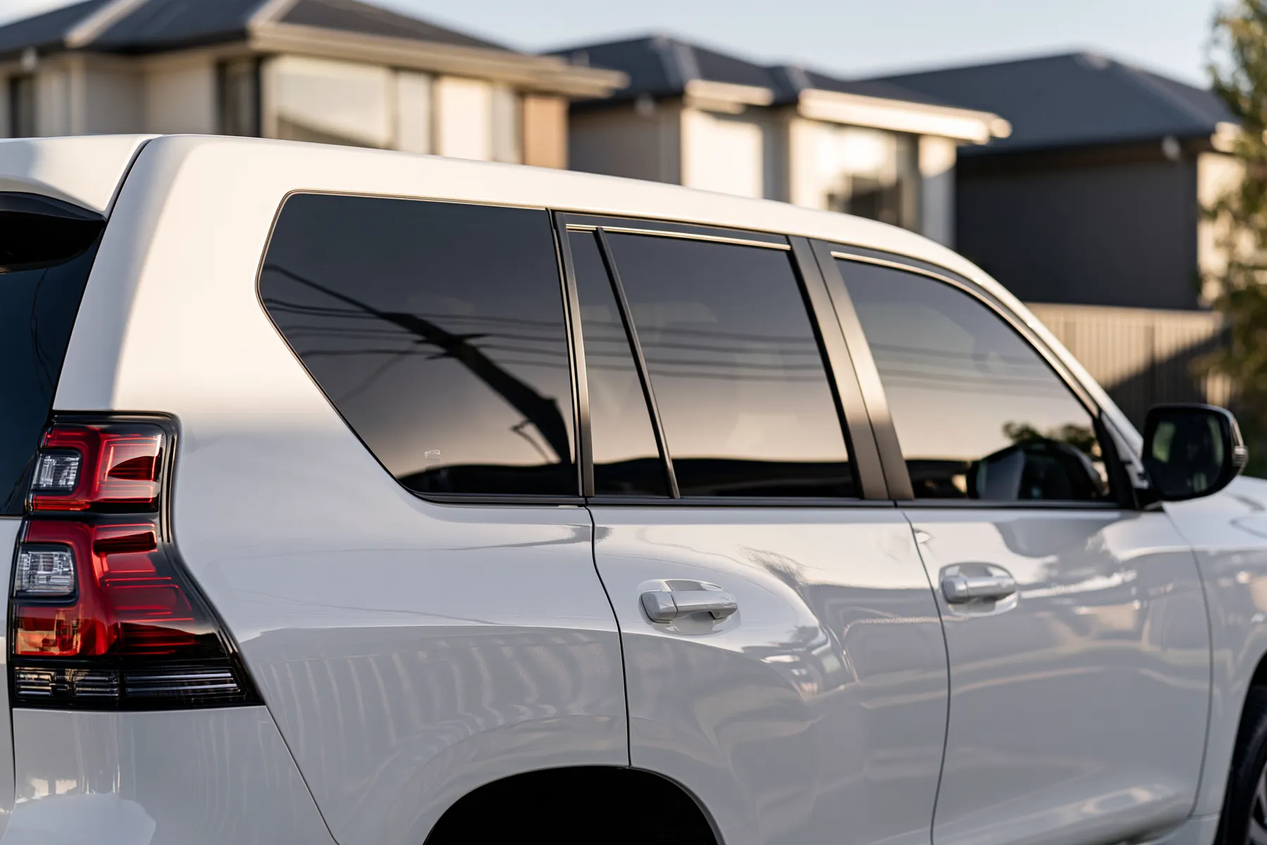 White SUV with tinted windows parked outside a house