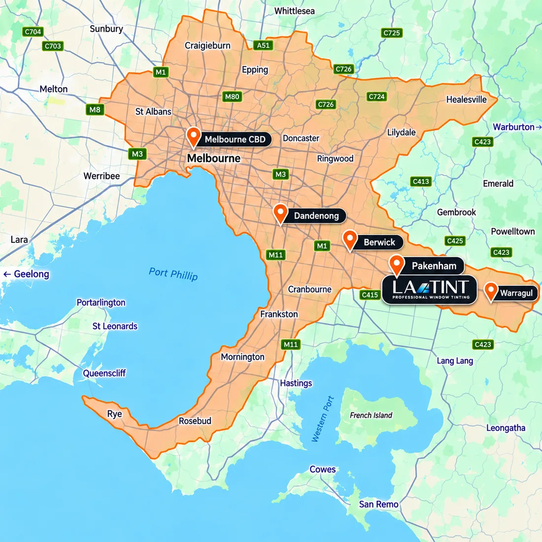 Map of the area LA Tint covers, shaded from Melbourne through Dandenong, Berwick and Pakenham to Warragul and down to the Mornington Peninsula
